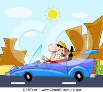 211120-Royalty-Free-RF-Clipart-Illustration-Of-A-Man-Driving-His-Convertible-Car-On-A-Desert-Road